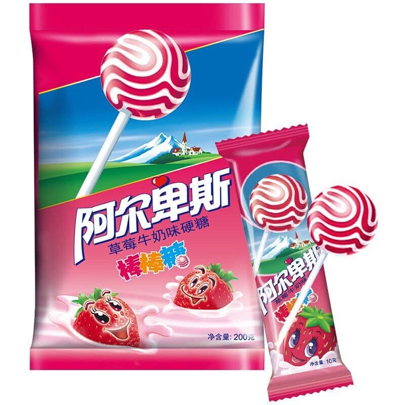 阿尔卑斯 棒棒糖 草莓牛奶味 200克 /Lollipop Bonbon mit Erdbeere Milch Geschmack 200g AEBS