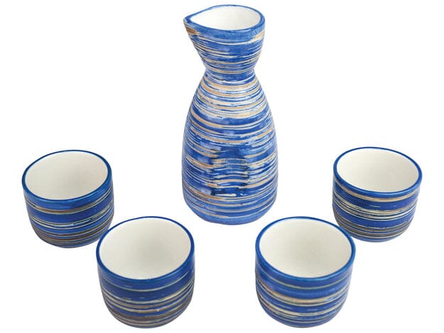 日式清酒具 五件套 蓝纹 / Japanisches Sake Set 5tlg. Topf+4 Becher Blaue Textur