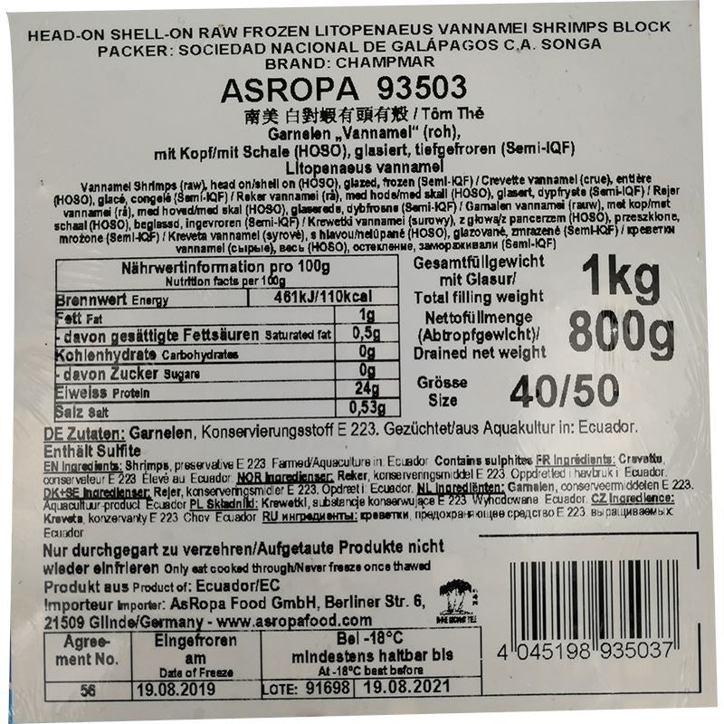 冰冻-Tiefgefroren! 南美虾皇 白对虾有头有壳 1公斤 /ASROPA Garnelen Vannamel mit Kopf mit Schale 40/50 1kg