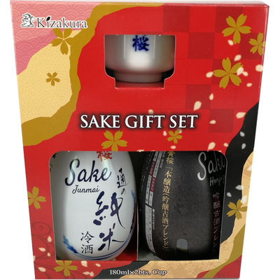 黄桜 日本清酒礼品盒装/Sake Geschenk Set 2x Jap. Reiswein 15% vol. + Sake Trinkbecher KIZAKURA