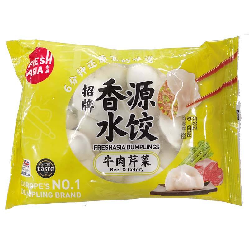 冰冻-Tiefgefroren! 香源 牛肉芹菜水饺 400克 /Teigtaschen mit Rindfleisch und Sellerie 400g FRESHASIA