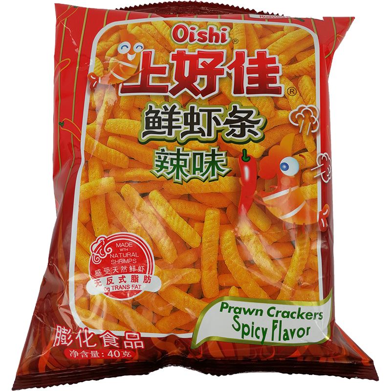 上好佳 鲜虾条 辣味 非油炸 40克 /Krabbenchip Streifen scharf 40g OISHI